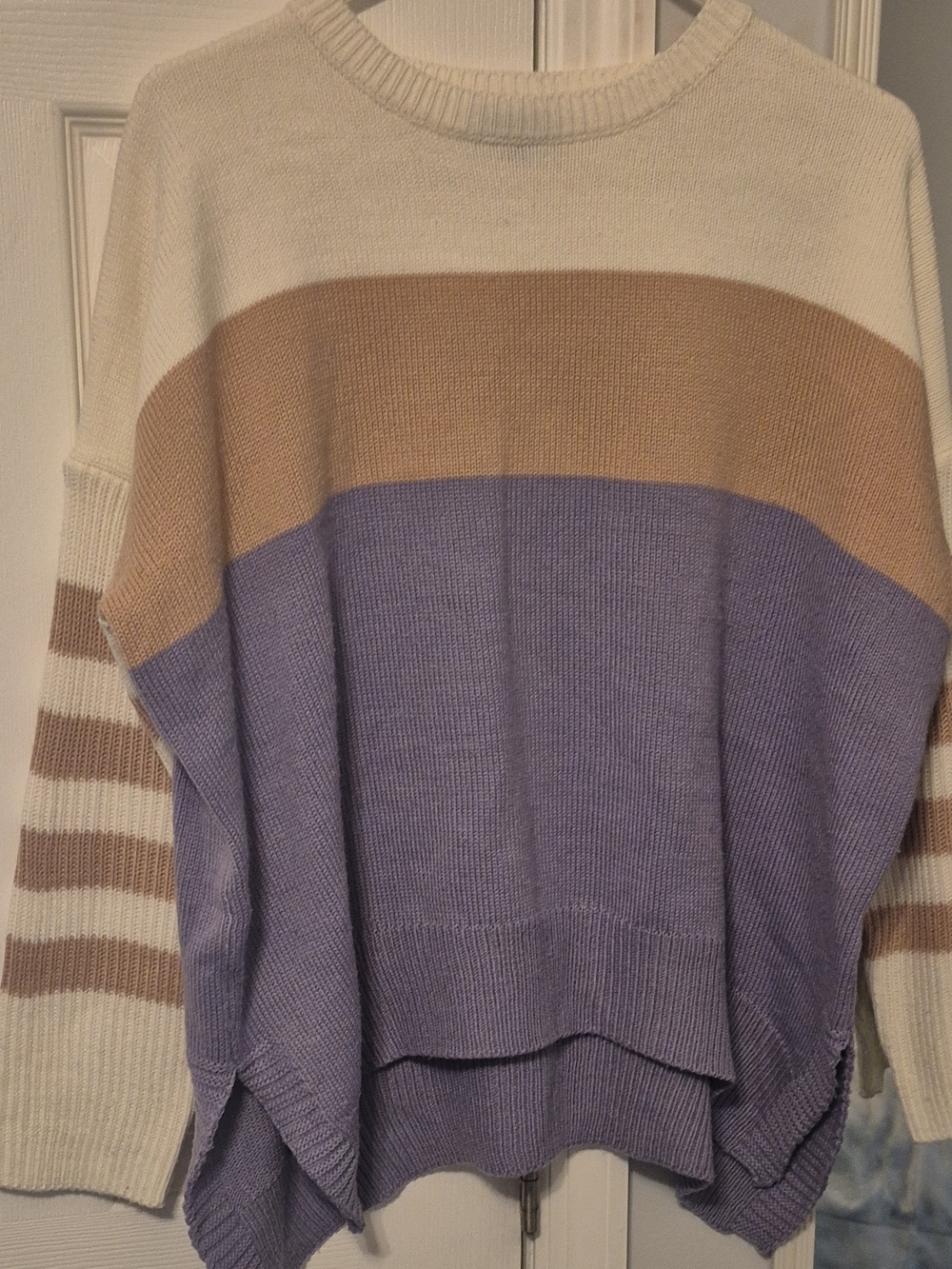 Colorblock Crewneck Sweater in Cream, Tan & Lavender